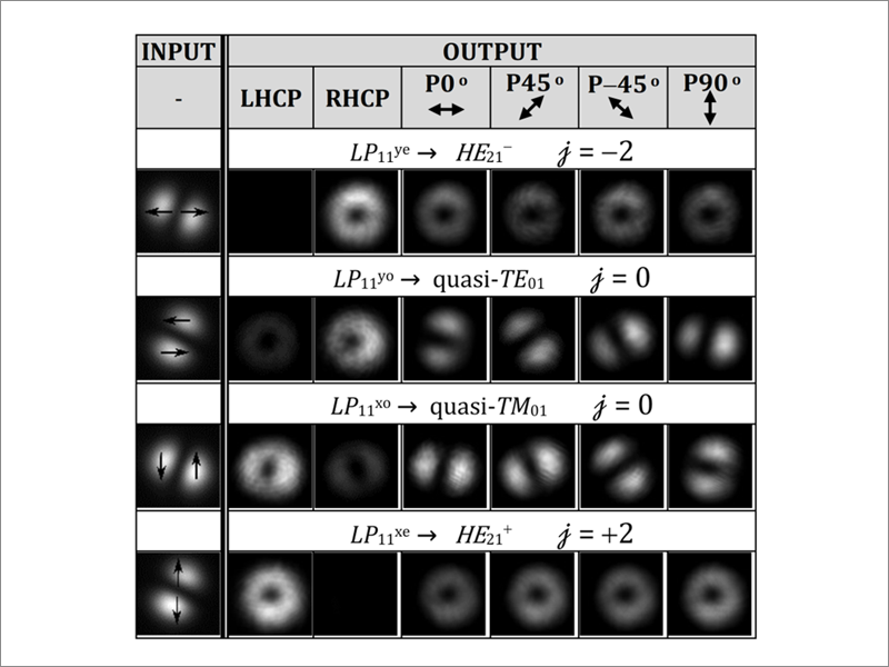 Fig.7. Experimentally observed transformation of LP11 modes to vortex modes in the gradually twisted PANDA fiber of a length of 3 cm. HE+21/HE-21 modes are nearly circularly polarized (average ellipticity angle |θ|=40±2o ) Averaged ellipticity of the quasi-TE01/TM01 modes is |θ|=16.5±2o . LHCP and RHCP indicate respectively left- and right-handed circular polarizers placed at the output of the mode converter; j indicates total angular momentum of respective vortex modes. 